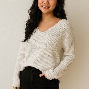 Harper Heritage Cozy Twist Back Sweater | White Speckled Knit | Women’s Small